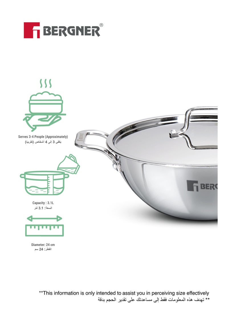 Bergner TriPro 24cm (3.1L) Triply Stainless Steel Deep Stir-fry Pan with Lid, Heavy Base Kadai Wok, Even Heating, Less Oil Healthy Cooking Cookware, Induction & Gas Stove Compatible - Image 2